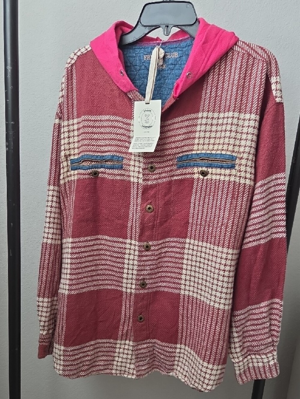Men Urban Renewal Fryday Club Oversized Grunge Flannel Plaid Hooded Shirt Jacket